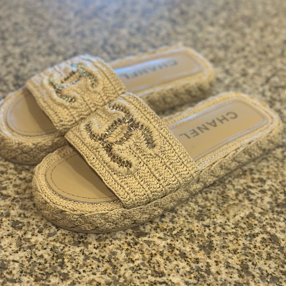 CHANEL Cream Mules with Gold Accents